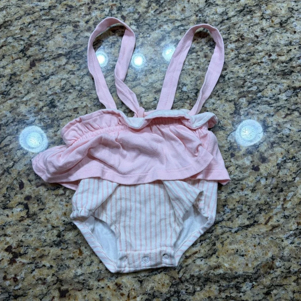 Vintage Baby Girl Pink Striped Ruffle Sunsuit Romper 18 Months